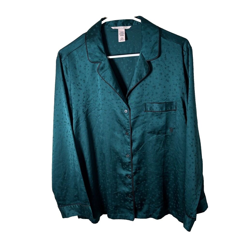 Victoria's Secret Pajama Top Women's Medium Green Star Printed Pocket Satin